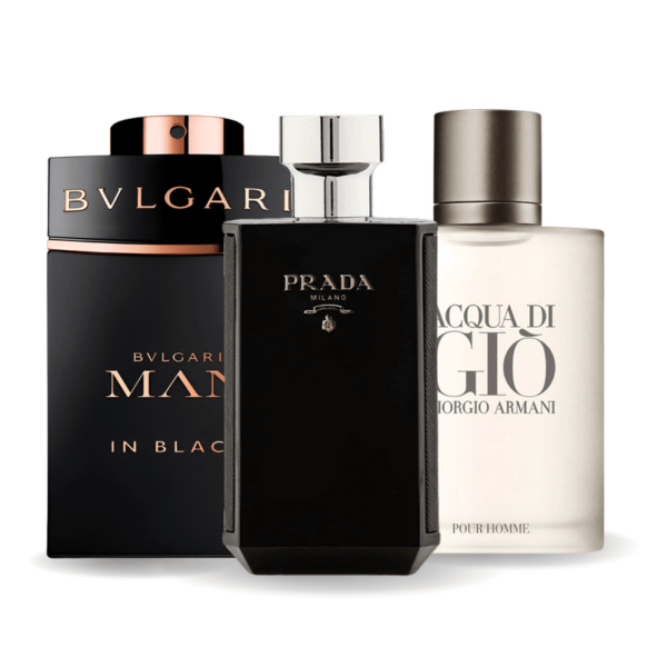 Tilbudspakke med 3 parfumer: Bvlgari In Black, Giorgio Armani Acqua Di Giò en L’Homme Prada Intense 100ml