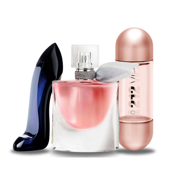 Tilbudspakke med 3 parfumer: Good Girl, La Vie Est Belle og 212 VIP Rosé 100ml